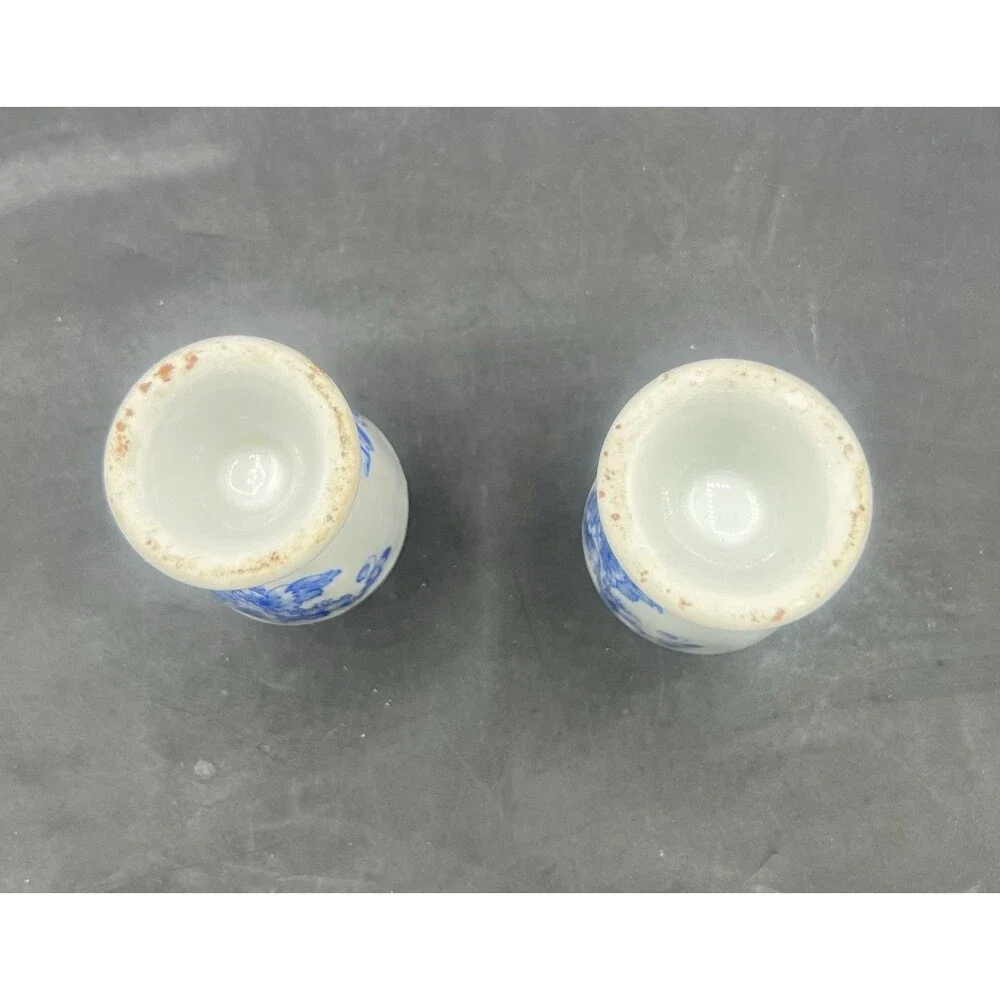 Vintage Blue White Porcelain Egg Cups Set of 2 Floral Transferware Gold Trim